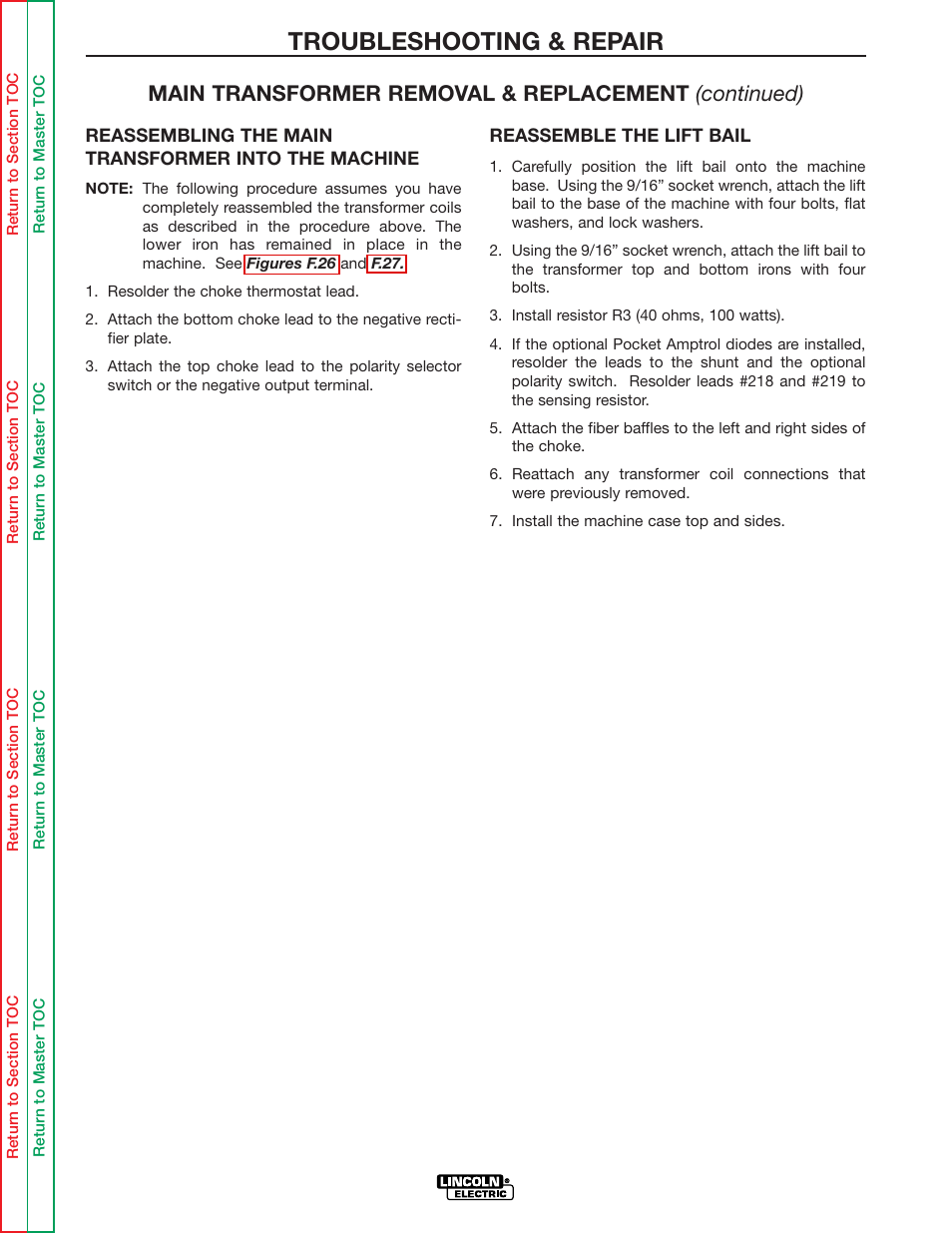 Troubleshooting & repair, Main transformer removal & replacement (continued) | Lincoln Electric IDEALARC R3R-500 User Manual | Page 94 / 108