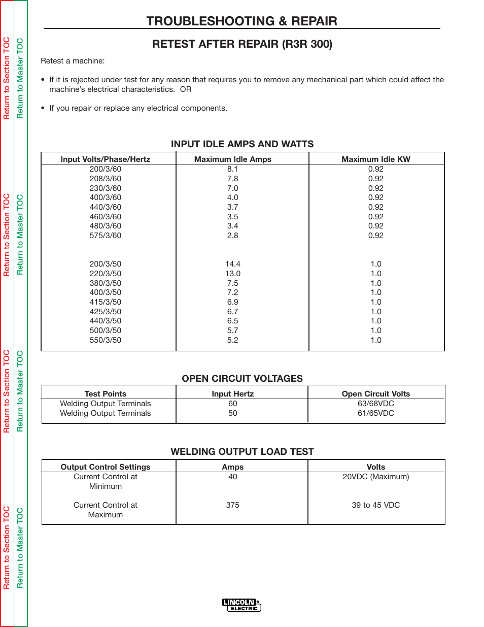 Troubleshooting & repair, Retest after repair (r3r 300) | Lincoln Electric IDEALARC R3R-500 User Manual | Page 95 / 108