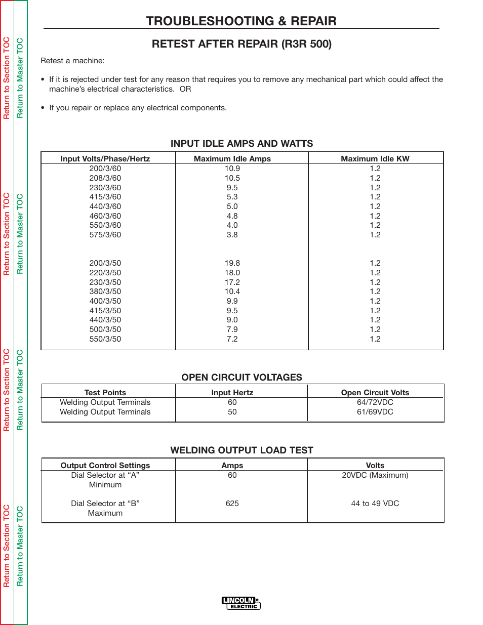 Troubleshooting & repair, Retest after repair (r3r 500) | Lincoln Electric IDEALARC R3R-500 User Manual | Page 97 / 108