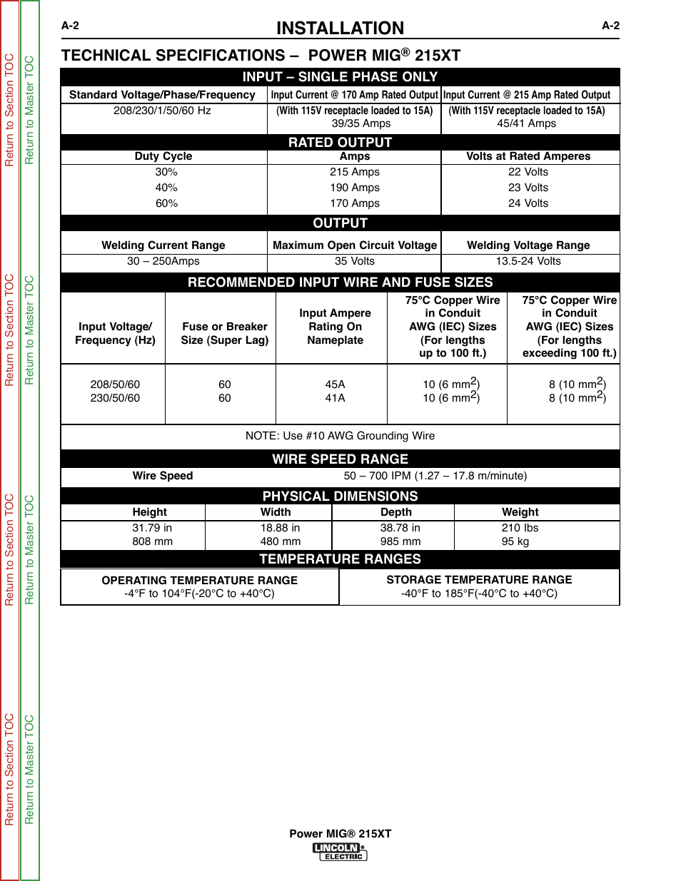 Installation, Technical specifications – power mig, 215xt | Lincoln Electric POWER MIG 11521 User Manual | Page 10 / 97