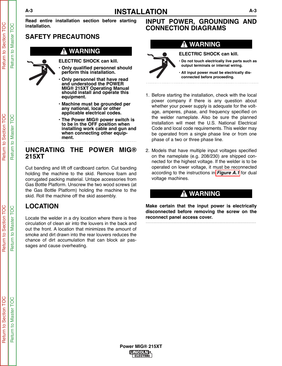 Installation, Uncrating the power mig® 215xt, Location | Warning | Lincoln Electric POWER MIG 11521 User Manual | Page 11 / 97