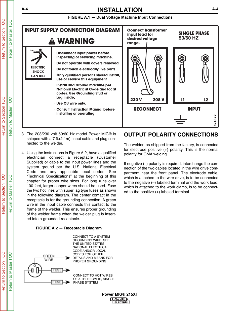 In figure a.1, Installation, Output polarity connections | 50/60 hz | Lincoln Electric POWER MIG 11521 User Manual | Page 12 / 97