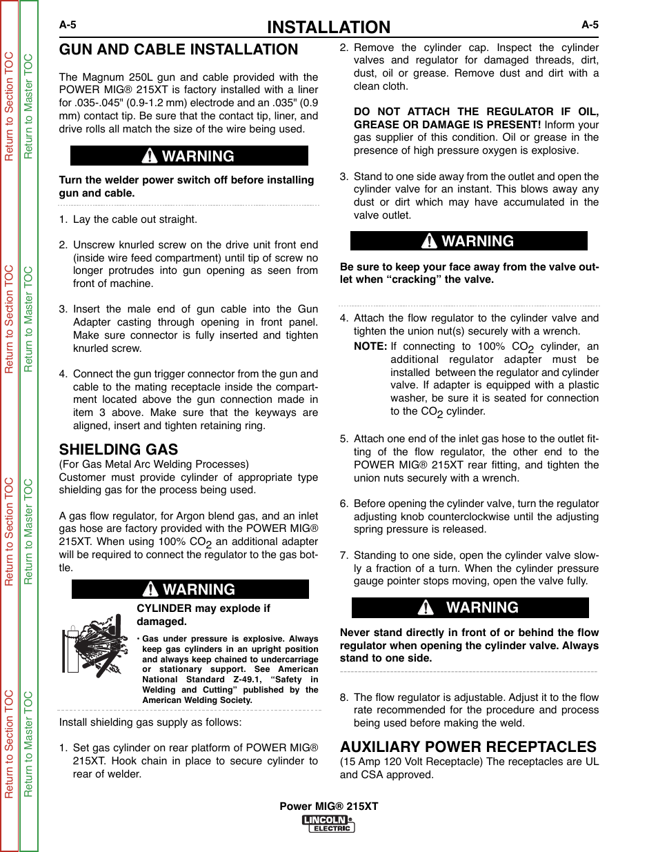 Installation, Gun and cable installation, Shielding gas | Warning, Auxiliary power receptacles | Lincoln Electric POWER MIG 11521 User Manual | Page 13 / 97