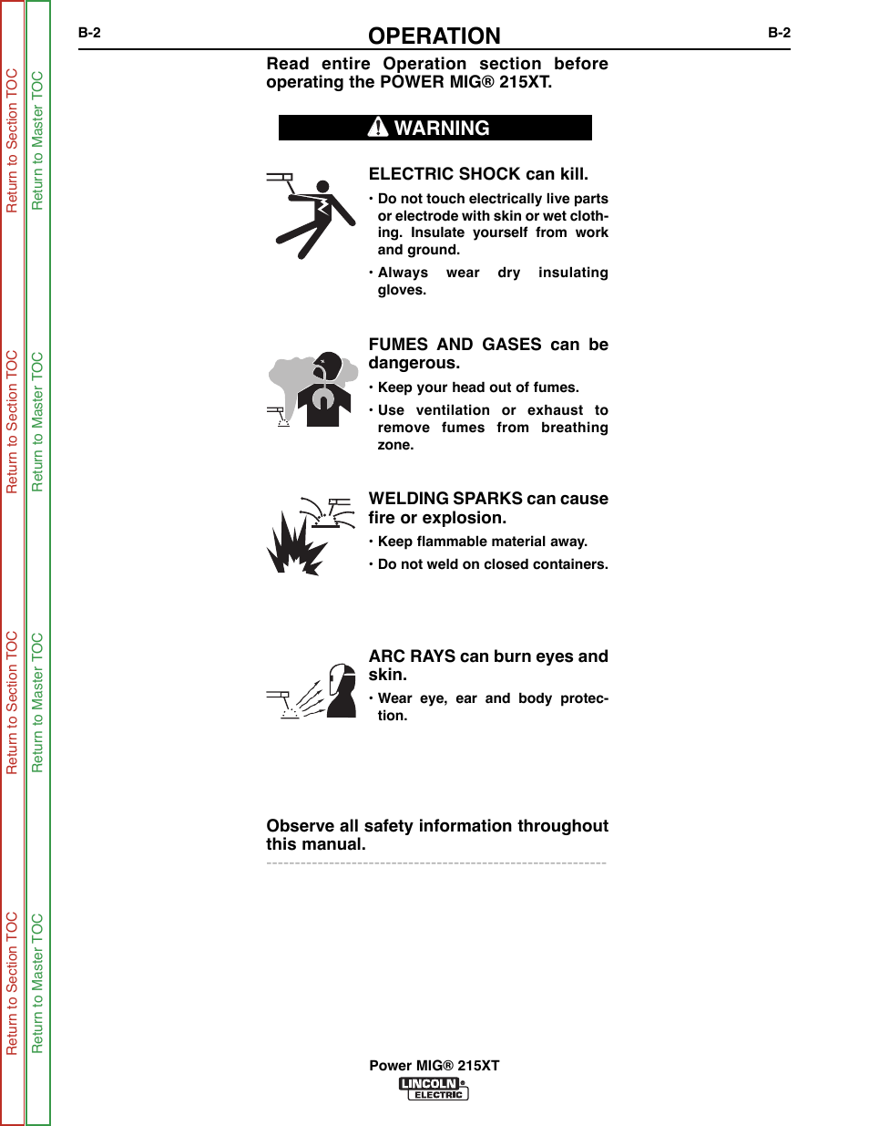 Operation, Warning | Lincoln Electric POWER MIG 11521 User Manual | Page 16 / 97