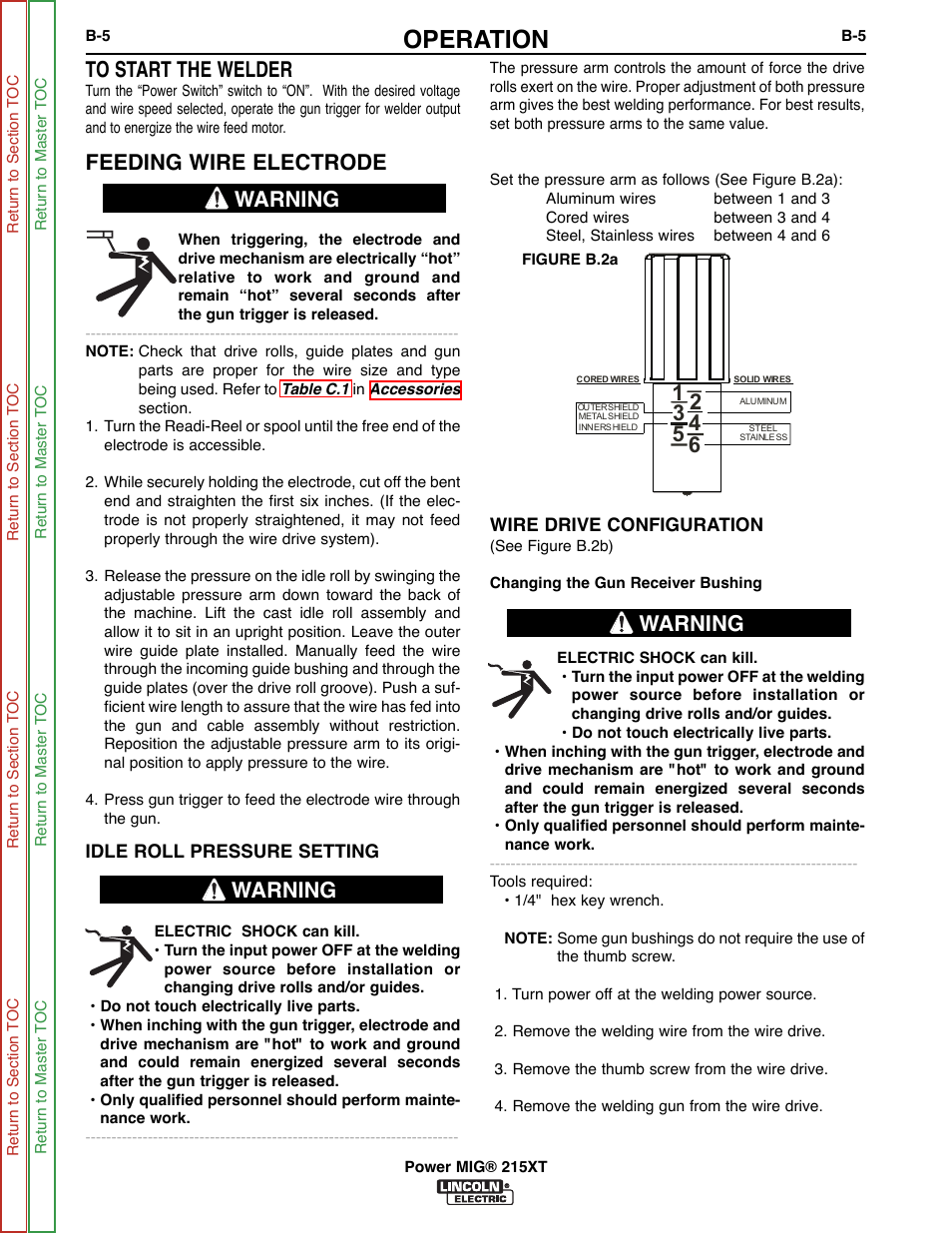 Operation, Feeding wire electrode, Warning | Lincoln Electric POWER MIG 11521 User Manual | Page 19 / 97