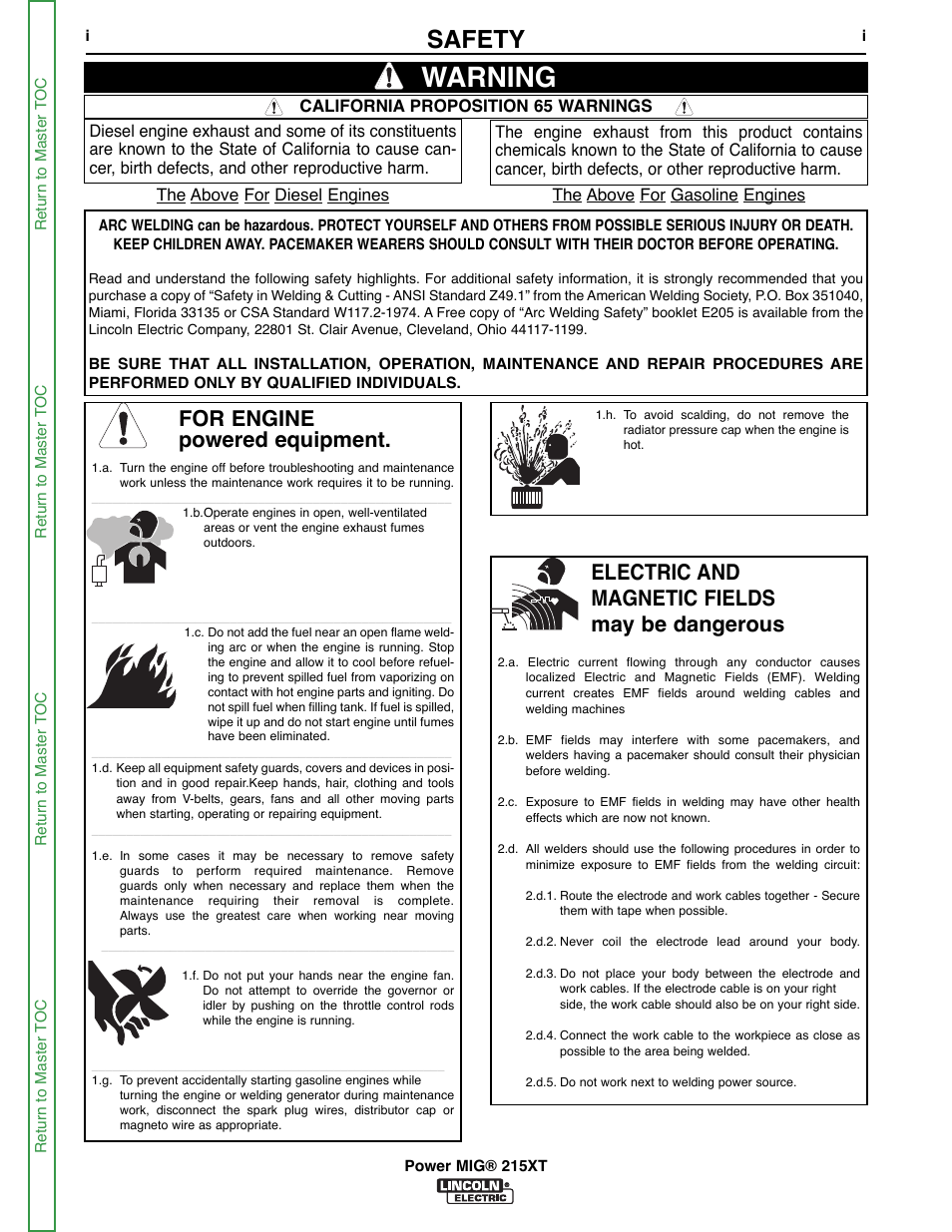 Safety, Info, Warning | For engine powered equipment, Electric and magnetic fields may be dangerous | Lincoln Electric POWER MIG 11521 User Manual | Page 2 / 97