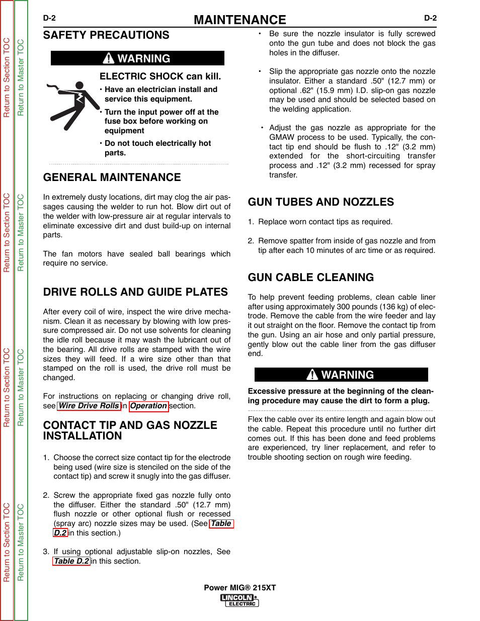 Maintenance, Gun tubes and nozzles, Gun cable cleaning | Safety precautions, General maintenance, Drive rolls and guide plates, Contact tip and gas nozzle installation, Warning | Lincoln Electric POWER MIG 11521 User Manual | Page 28 / 97