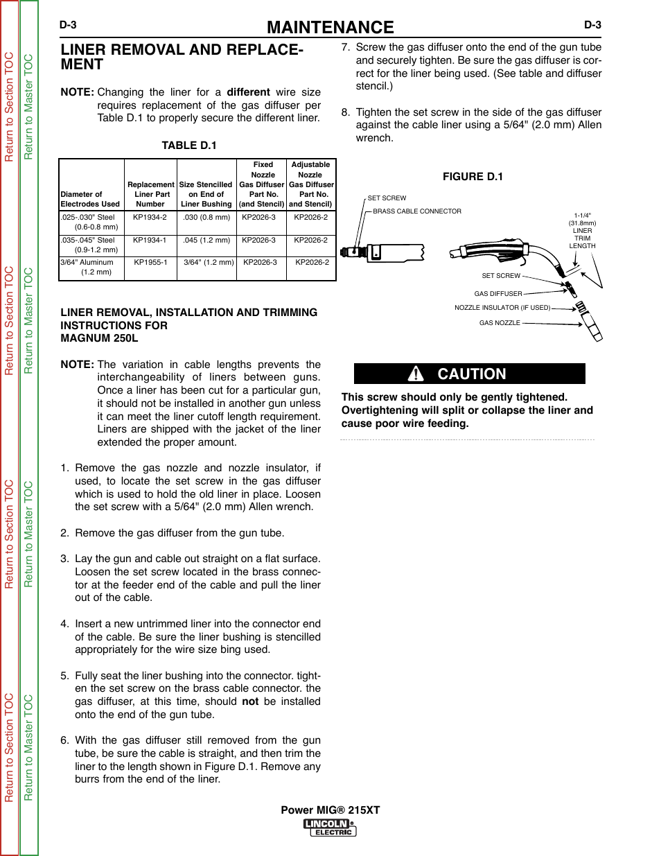 Maintenance, Caution, Liner removal and replace- ment | Lincoln Electric POWER MIG 11521 User Manual | Page 29 / 97
