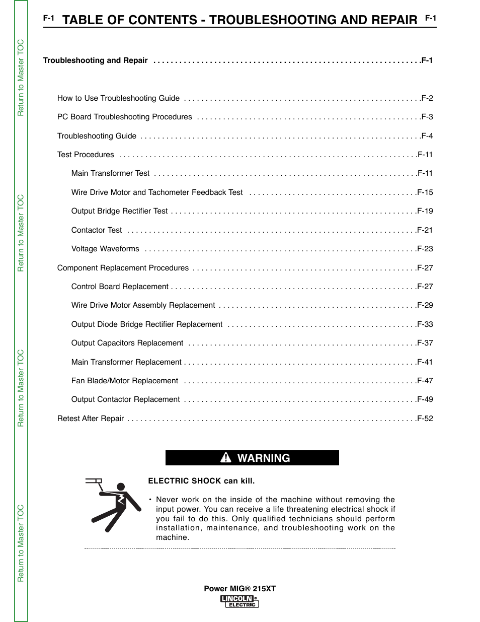Section f - troubleshooting and repair, Table of contents - troubleshooting and repair, Warning | Lincoln Electric POWER MIG 11521 User Manual | Page 39 / 97