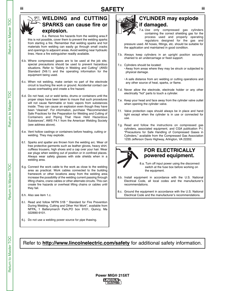 Safety, For electrically powered equipment, Cylinder may explode if damaged | Lincoln Electric POWER MIG 11521 User Manual | Page 4 / 97