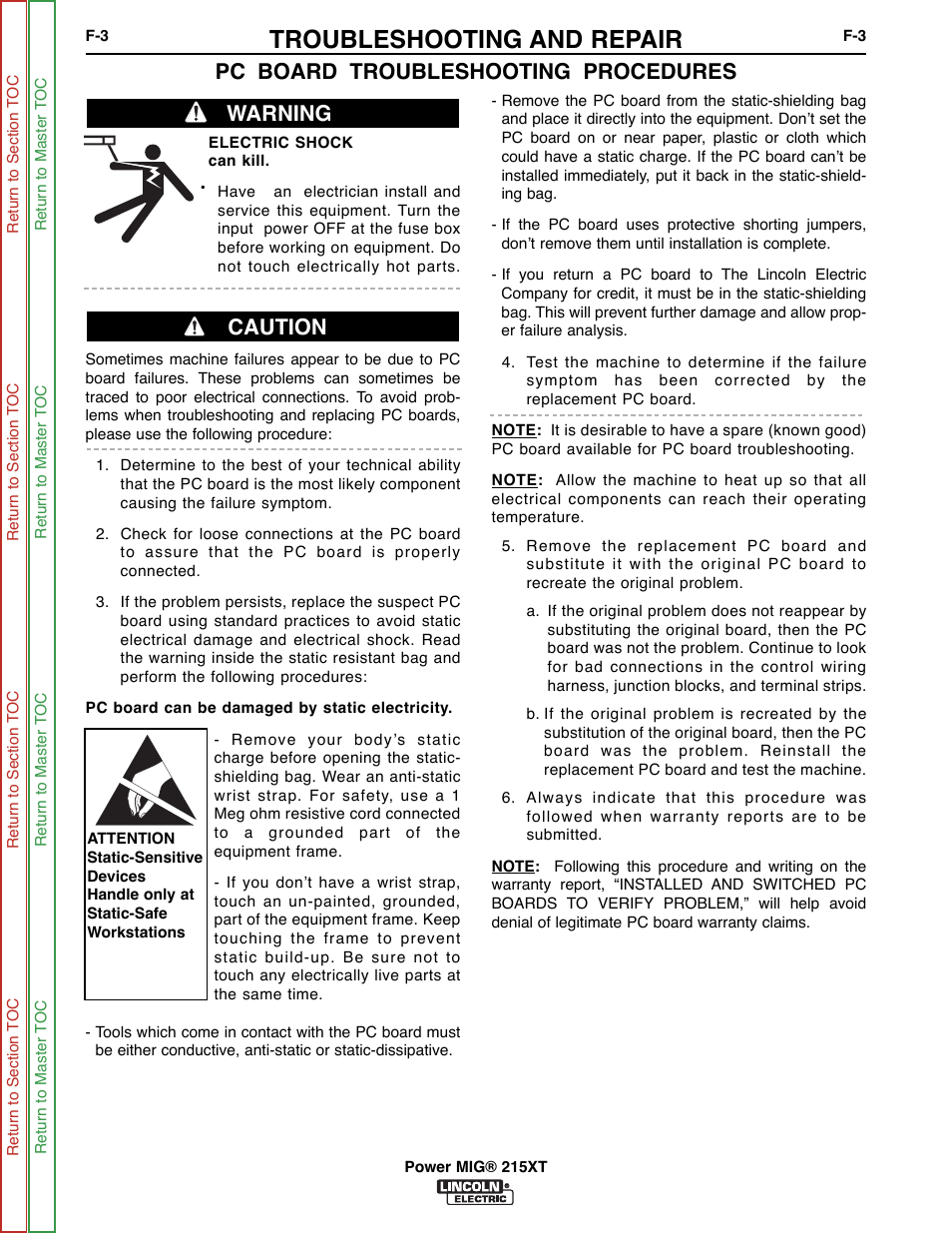 Troubleshooting and repair, Pc board troubleshooting procedures, Warning caution | Lincoln Electric POWER MIG 11521 User Manual | Page 41 / 97