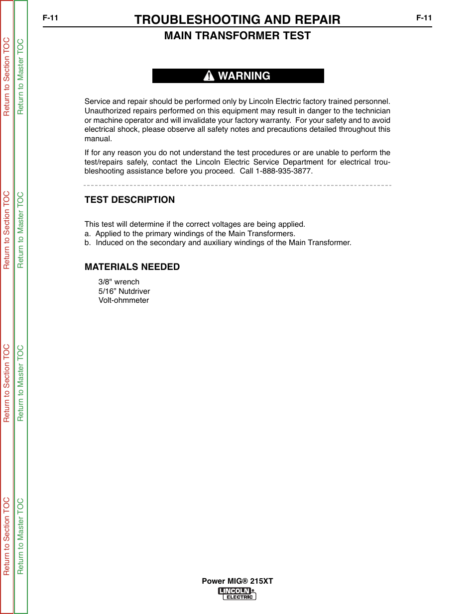 Main transformer, Test, The main transformer | Troubleshooting and repair, Main transformer test, Warning | Lincoln Electric POWER MIG 11521 User Manual | Page 49 / 97