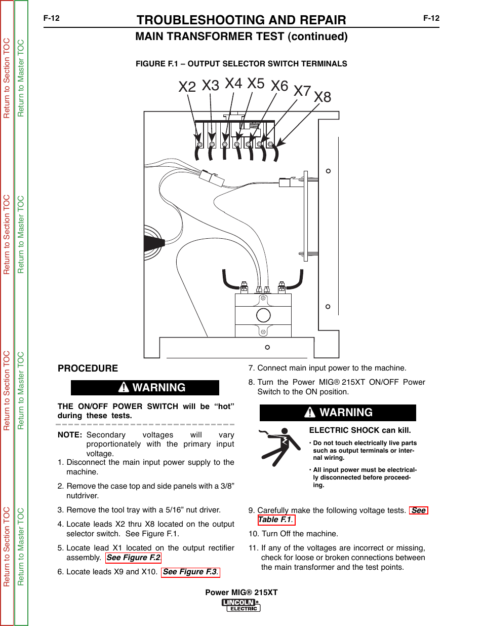 Troubleshooting and repair, Main transformer test (continued), Warning | Lincoln Electric POWER MIG 11521 User Manual | Page 50 / 97