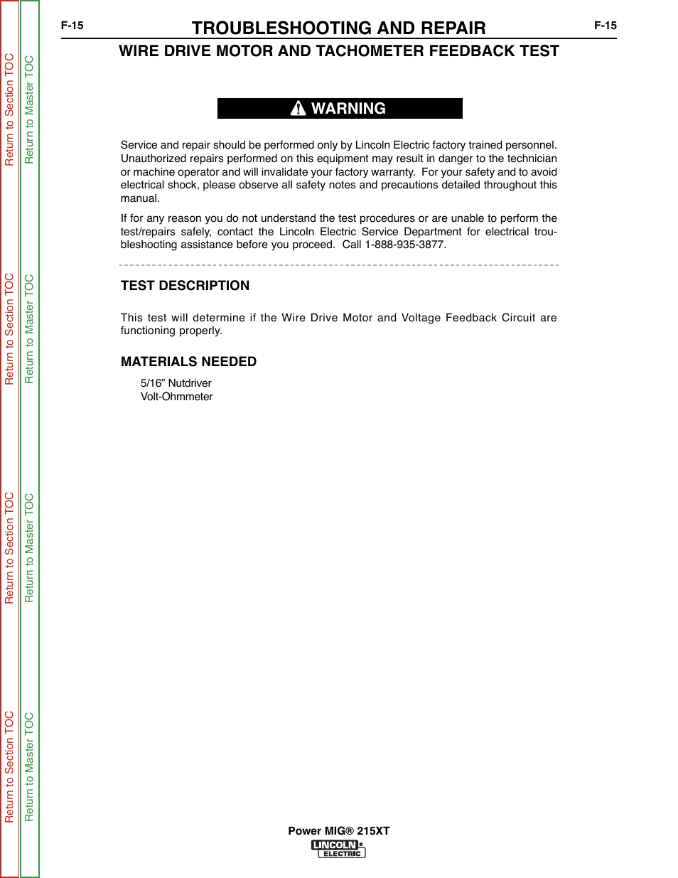 Wire drive motor and, Tachometer feedback test, Troubleshooting and repair | Wire drive motor and tachometer feedback test, Warning | Lincoln Electric POWER MIG 11521 User Manual | Page 53 / 97