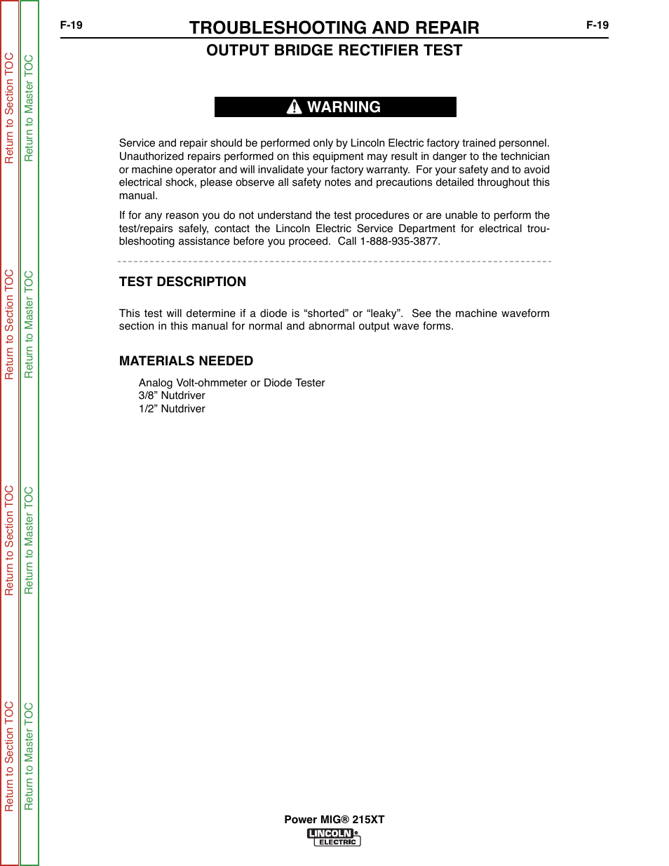 Output bridge, Rectifier test, Output | Bridge, Troubleshooting and repair, Output bridge rectifier test, Warning | Lincoln Electric POWER MIG 11521 User Manual | Page 57 / 97