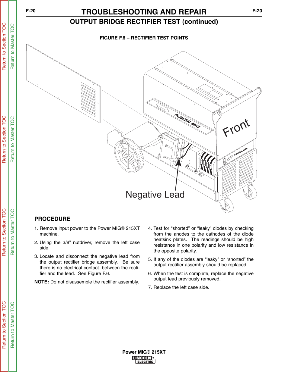 Front, Negative lead, Troubleshooting and repair | Output bridge rectifier test (continued) | Lincoln Electric POWER MIG 11521 User Manual | Page 58 / 97