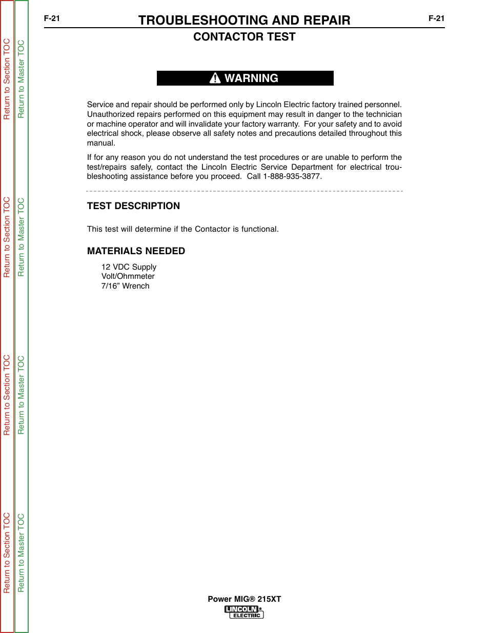 Output contactor, Test, The output contactor | Troubleshooting and repair, Contactor test, Warning | Lincoln Electric POWER MIG 11521 User Manual | Page 59 / 97