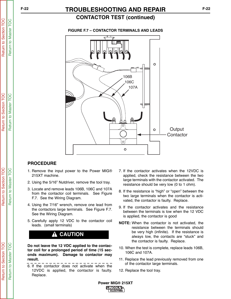 Troubleshooting and repair, Contactor test (continued), Caution | Output contactor | Lincoln Electric POWER MIG 11521 User Manual | Page 60 / 97