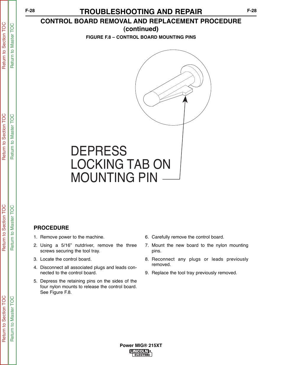 Depress locking tab on mounting pin, Troubleshooting and repair | Lincoln Electric POWER MIG 11521 User Manual | Page 66 / 97