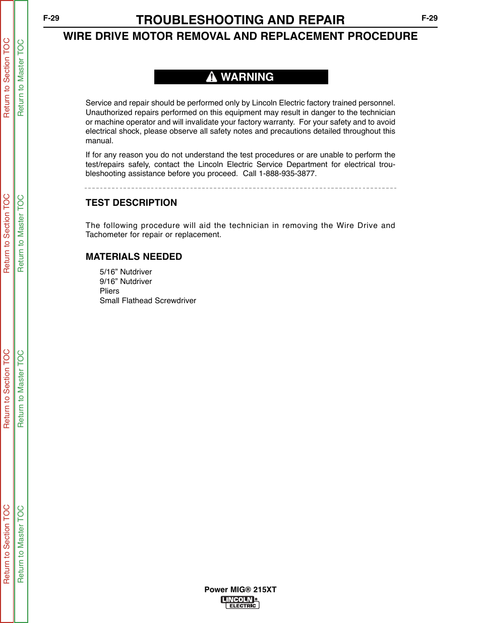 Troubleshooting and repair, Wire drive motor removal and replacement procedure, Warning | Lincoln Electric POWER MIG 11521 User Manual | Page 67 / 97