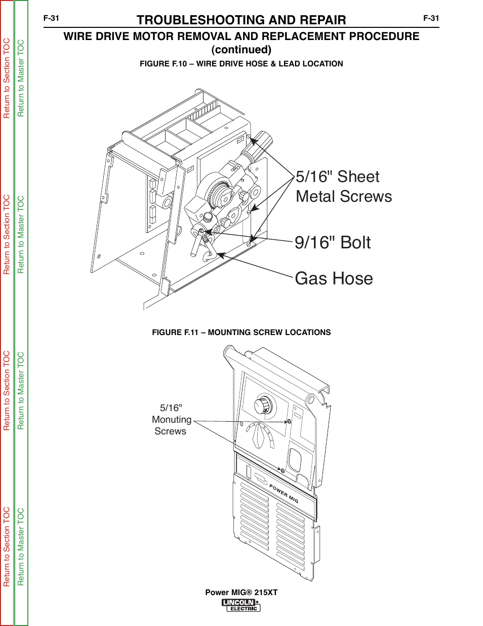 See figure f.10, See figure f.11, Gas hose 9/16" bolt | 5/16" sheet metal screws, Troubleshooting and repair | Lincoln Electric POWER MIG 11521 User Manual | Page 69 / 97