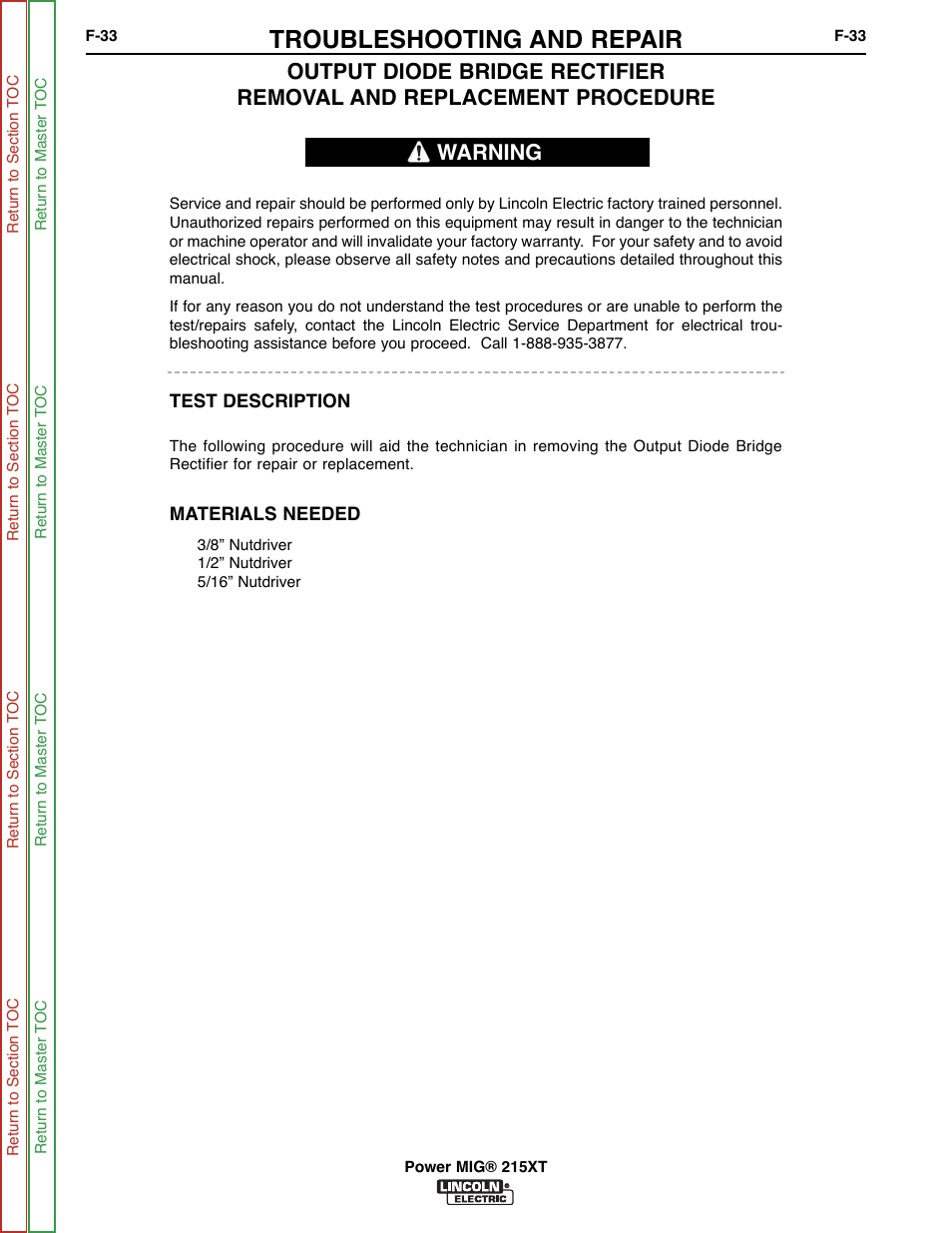 Troubleshooting and repair, Warning | Lincoln Electric POWER MIG 11521 User Manual | Page 71 / 97