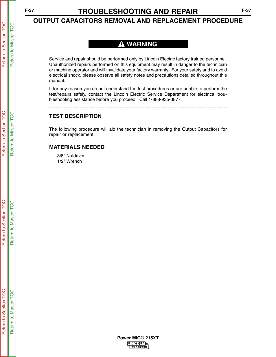 Troubleshooting and repair, Warning | Lincoln Electric POWER MIG 11521 User Manual | Page 75 / 97