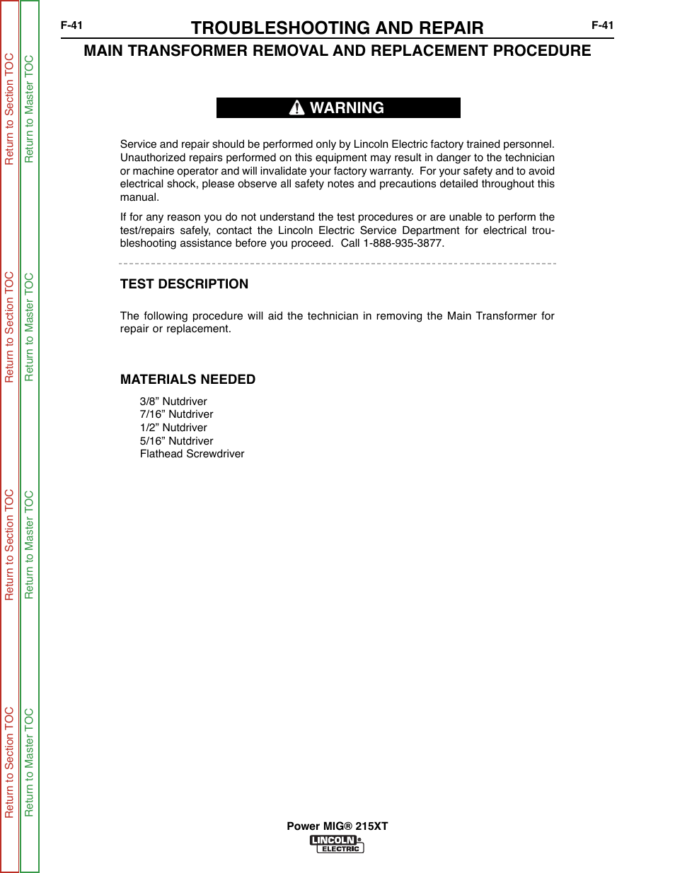 Troubleshooting and repair, Main transformer removal and replacement procedure, Warning | Lincoln Electric POWER MIG 11521 User Manual | Page 79 / 97