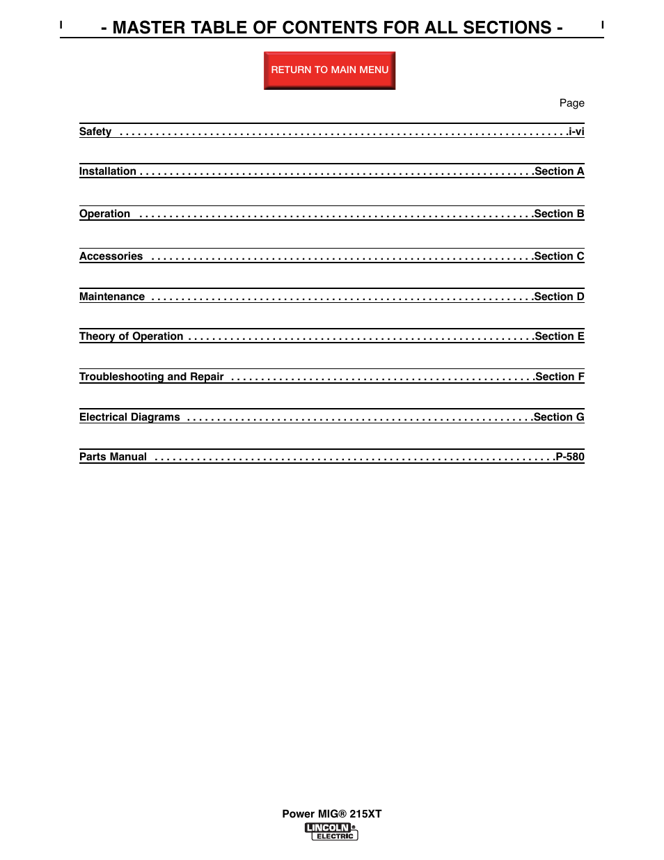 Master table of content, Return, Master | Lincoln Electric POWER MIG 11521 User Manual | Page 8 / 97