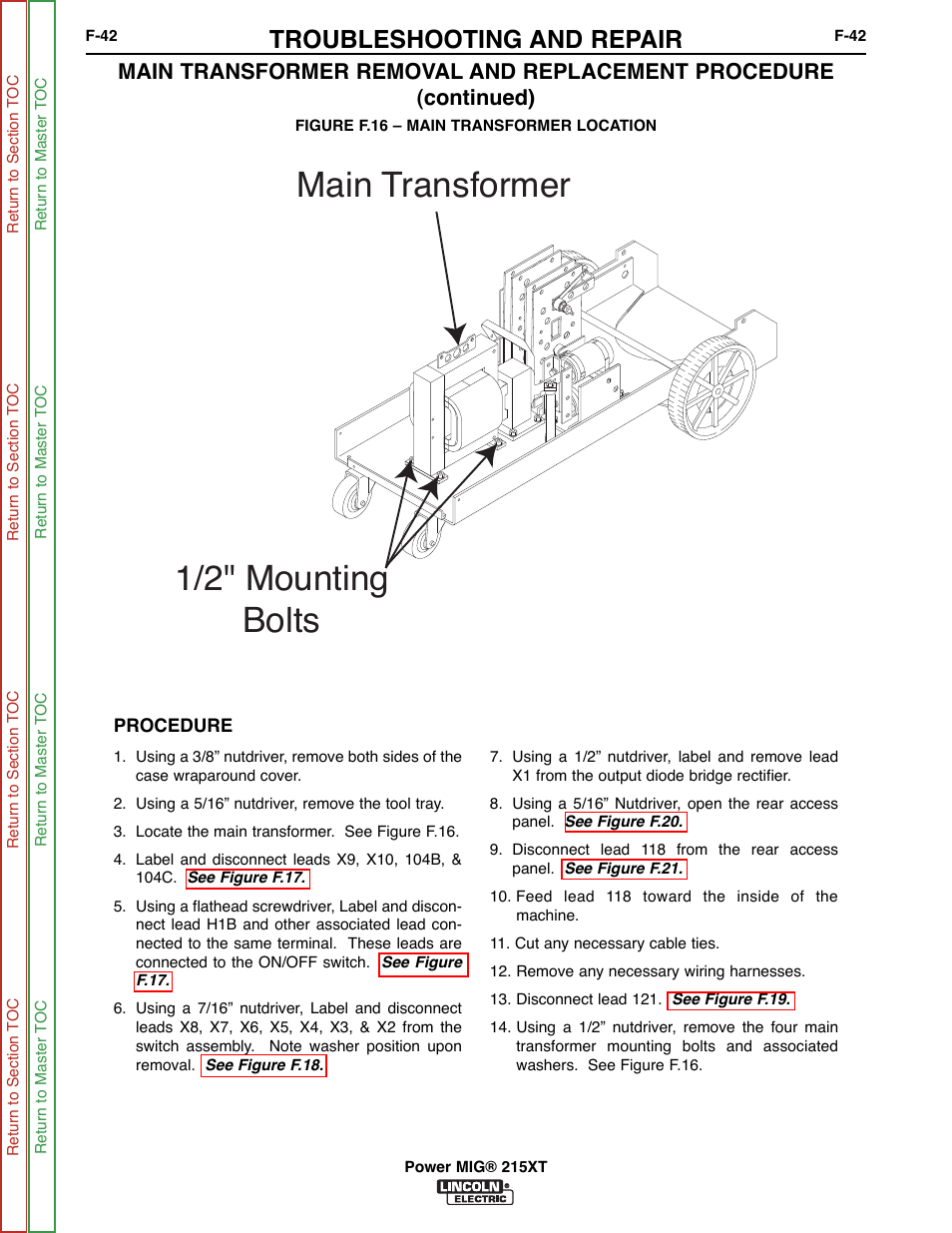 Main transformer 1/2" mounting bolts, Troubleshooting and repair | Lincoln Electric POWER MIG 11521 User Manual | Page 80 / 97
