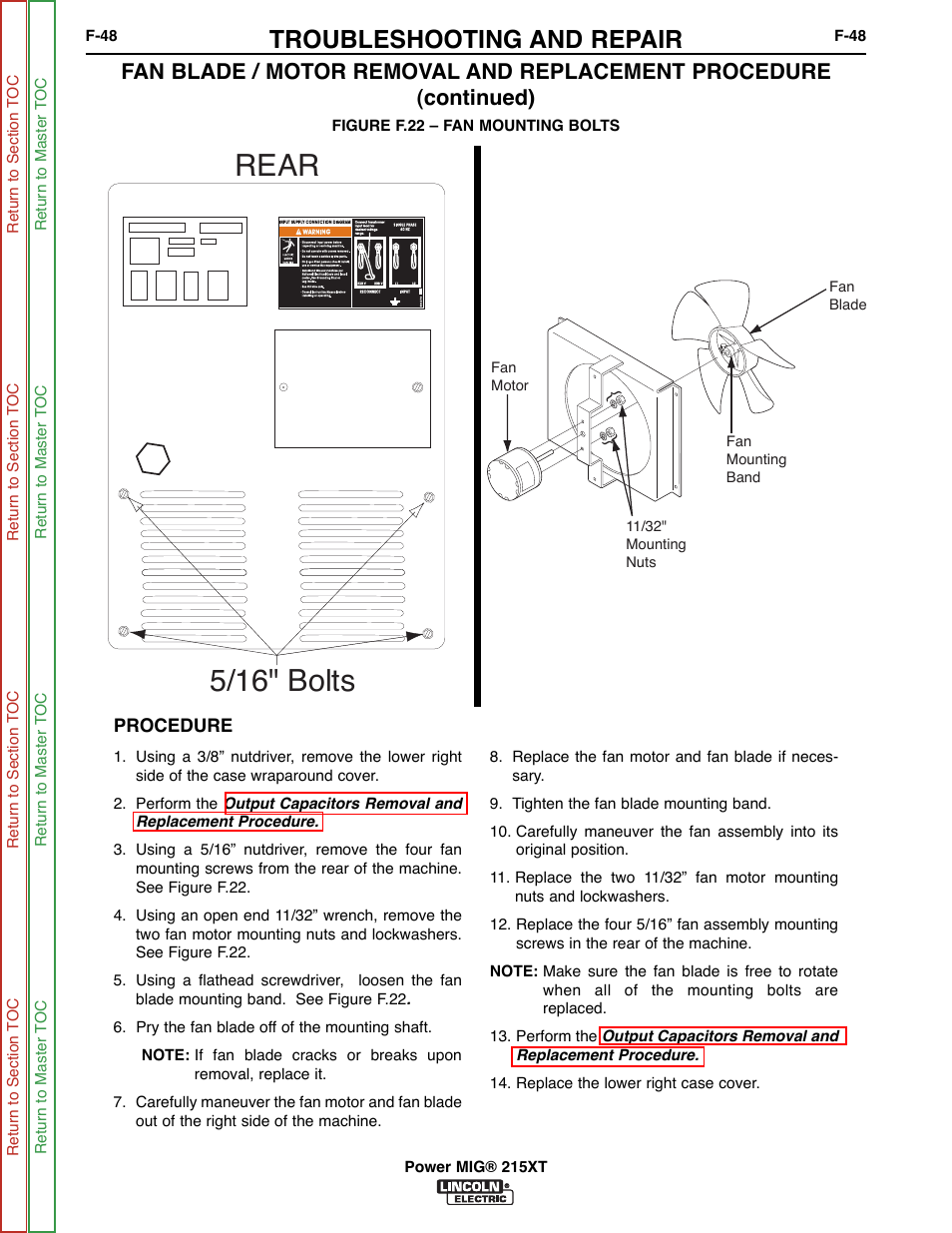 Rear 5/16" bolts, Troubleshooting and repair | Lincoln Electric POWER MIG 11521 User Manual | Page 86 / 97