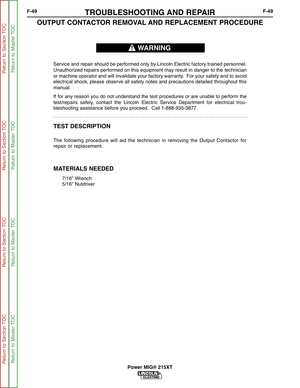 Troubleshooting and repair, Output contactor removal and replacement procedure, Warning | Lincoln Electric POWER MIG 11521 User Manual | Page 87 / 97