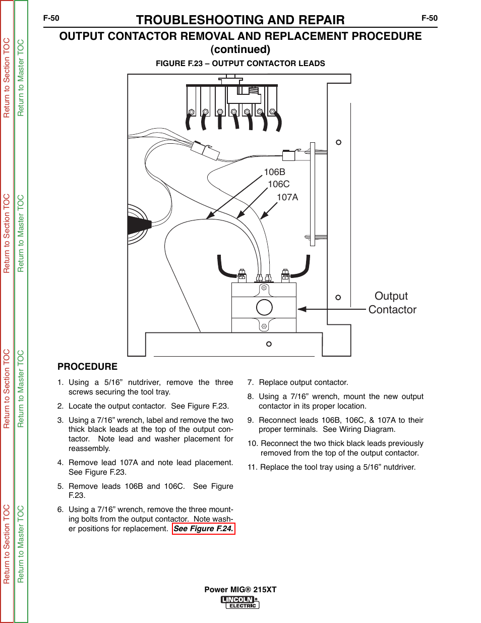 Troubleshooting and repair, Output contactor | Lincoln Electric POWER MIG 11521 User Manual | Page 88 / 97