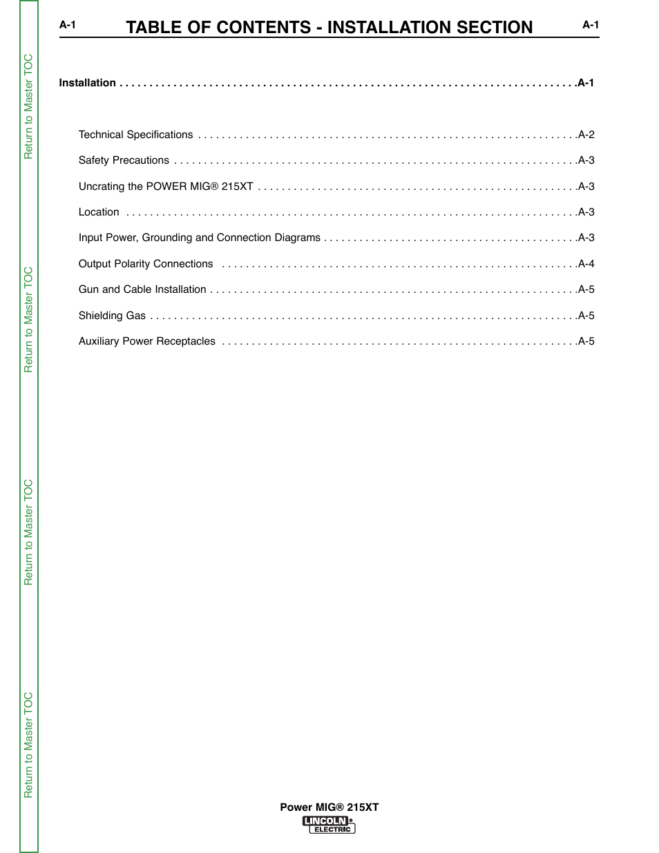 Section a - installation | Lincoln Electric POWER MIG 11521 User Manual | Page 9 / 97