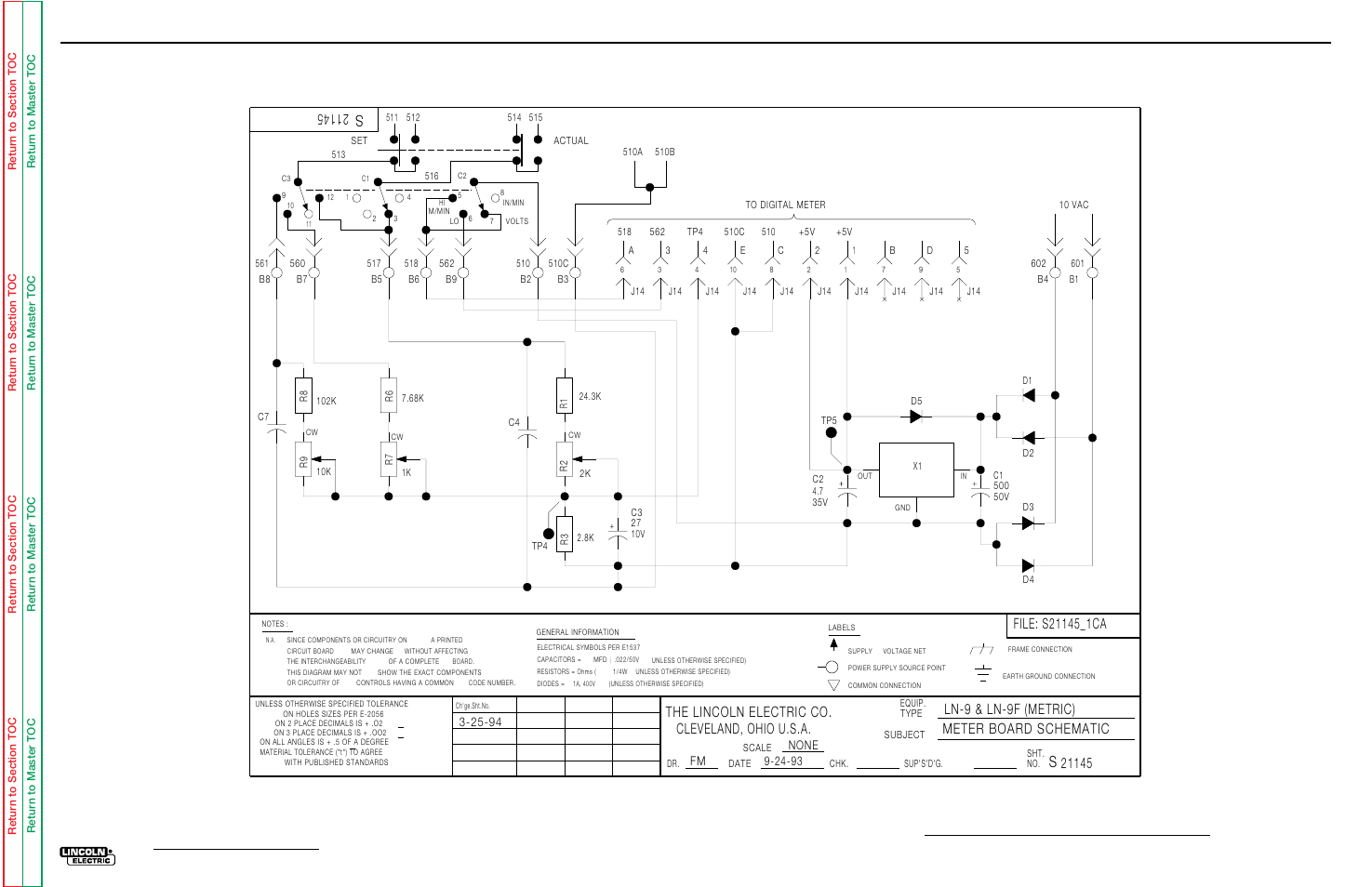 Electrical diagrams, Meter board (l6687) schematic, Ln-9 | Cleveland, ohio u.s.a, The lincoln electric co | Lincoln Electric LN-9 SVM127-A User Manual | Page 133 / 135