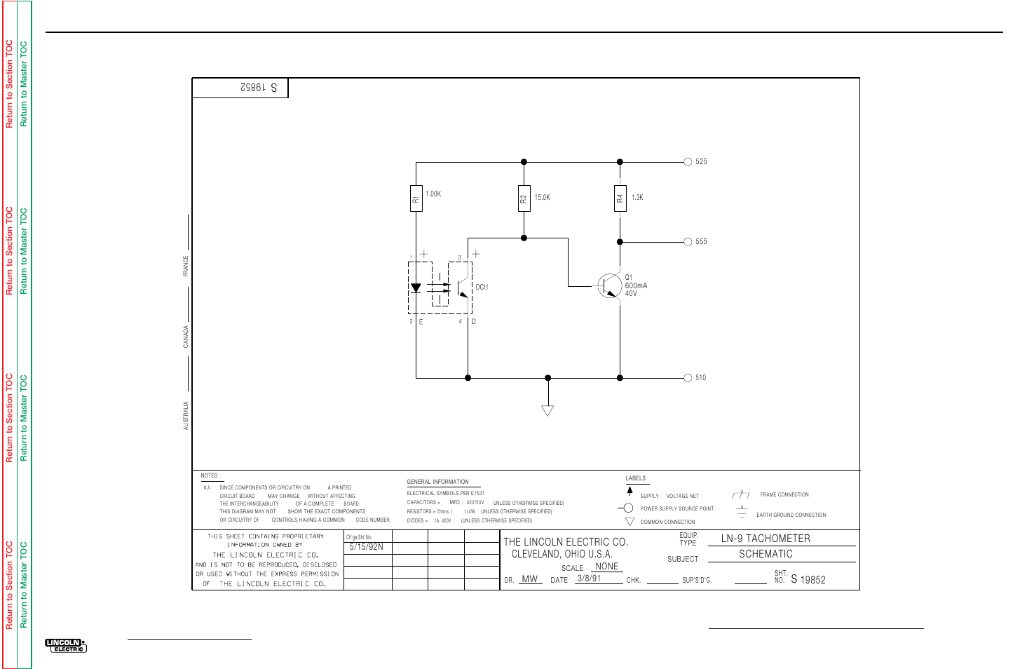 Electrical diagrams, Tachometer schematic, Ln-9 | Lincoln Electric LN-9 SVM127-A User Manual | Page 135 / 135