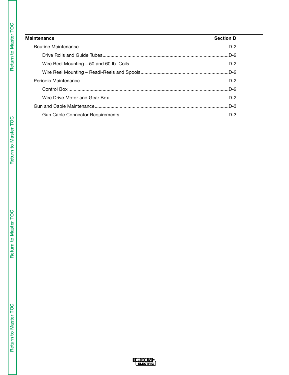 Section d maintenance, Table of contents -maintenance | Lincoln Electric LN-9 SVM127-A User Manual | Page 49 / 135