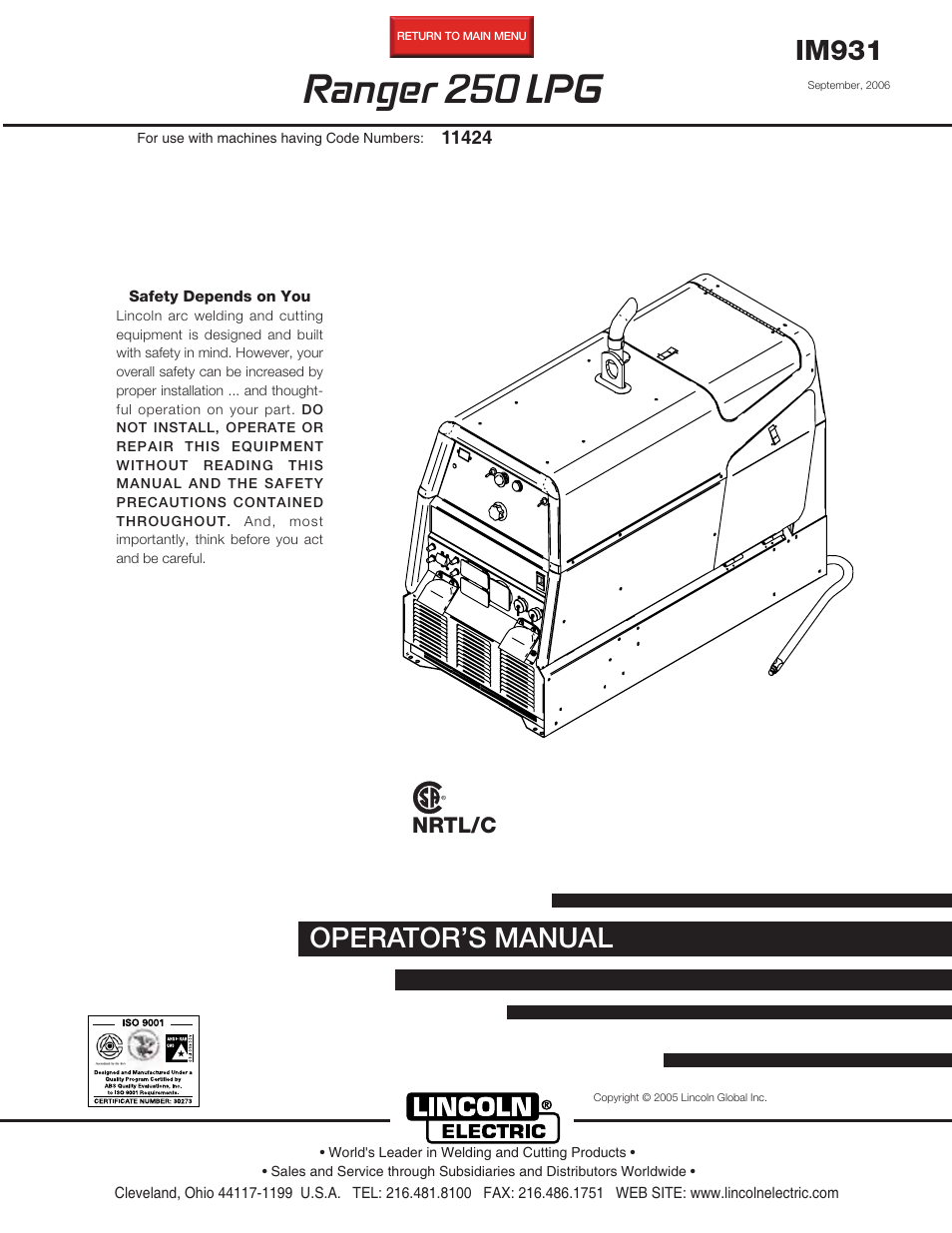 Lincoln Electric RANGER 250 LPG IM931 User Manual | 52 pages