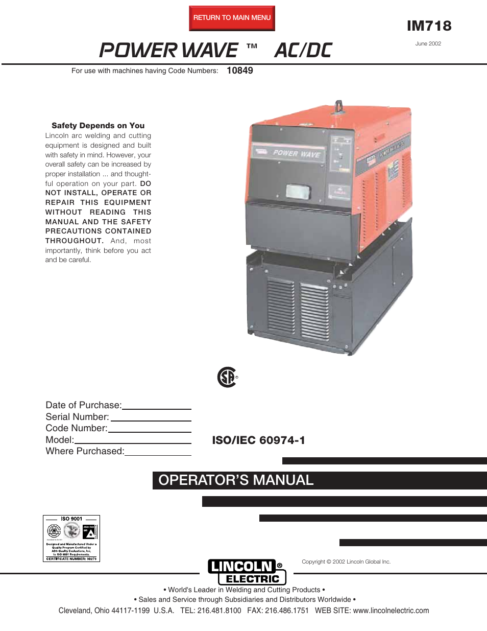 Lincoln Electric POWER WAVE IM718 User Manual | 48 pages