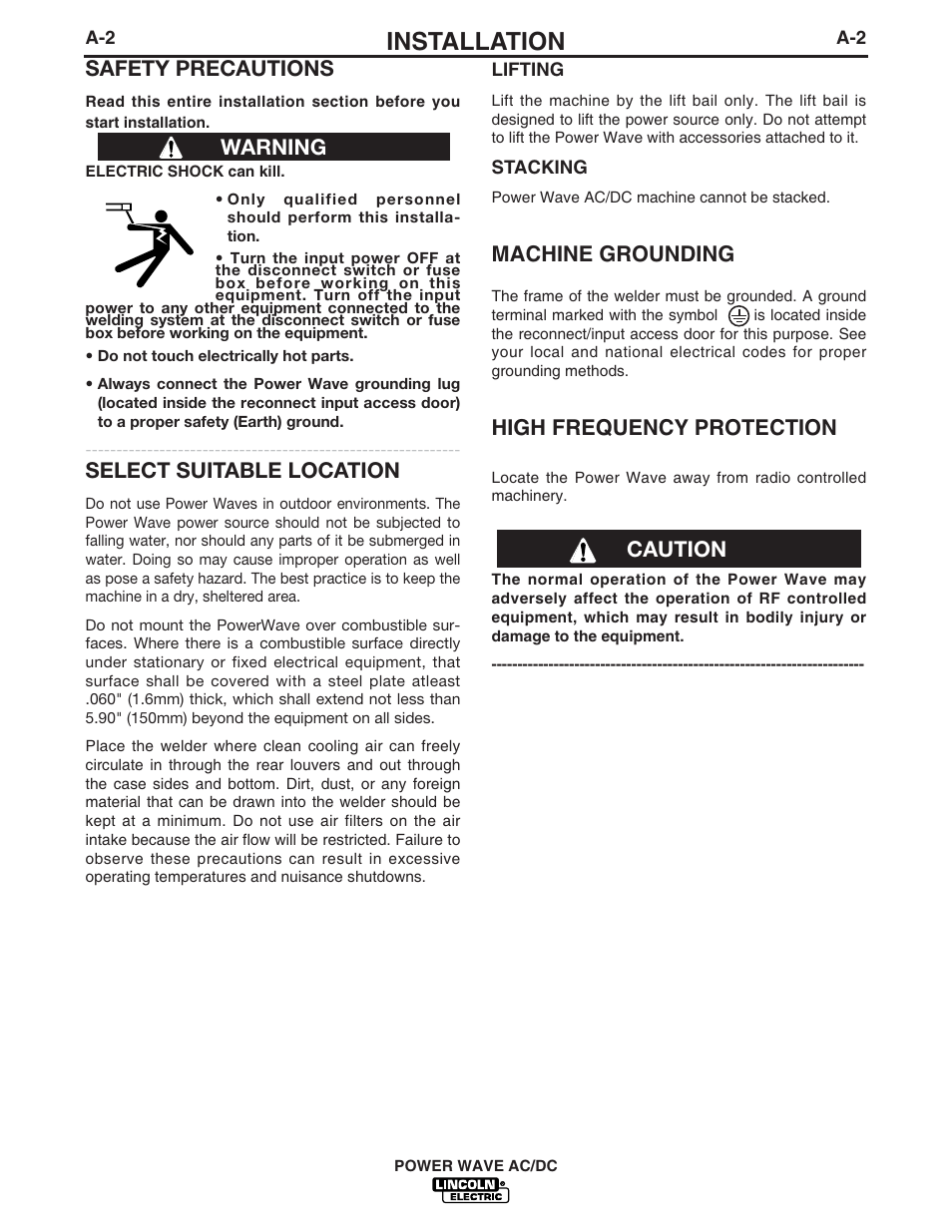 Installation, Machine grounding, High frequency protection | Safety precautions, Select suitable location, Warning caution | Lincoln Electric POWER WAVE IM718 User Manual | Page 9 / 48