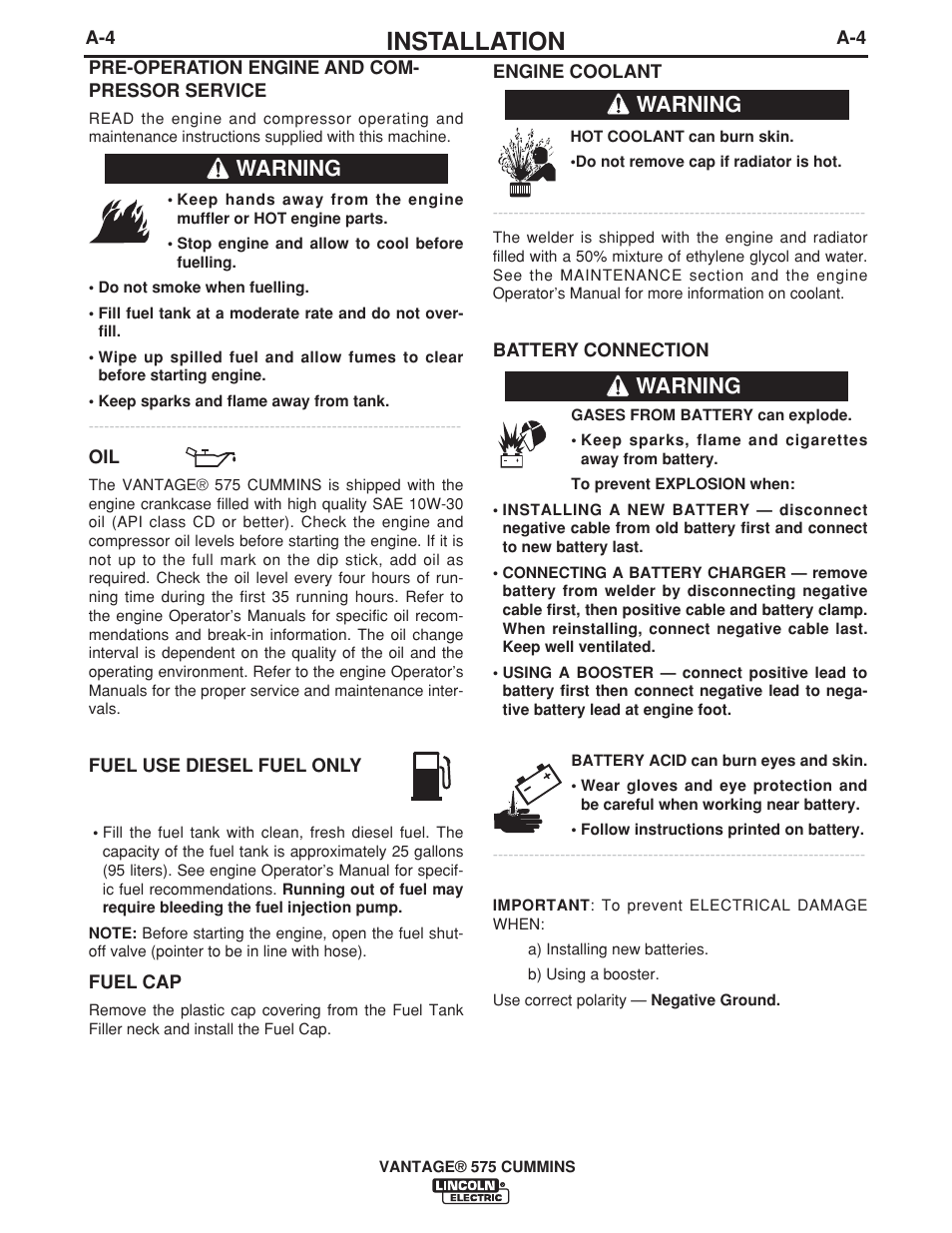 Installation, Warning | Lincoln Electric VANTAGE IM10044 User Manual | Page 14 / 53