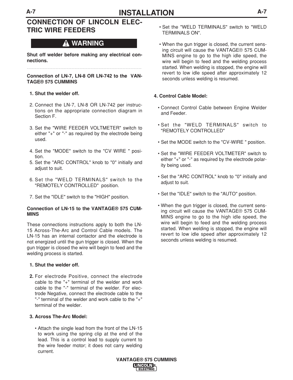 Installation, Connection of lincoln elec- tric wire feeders, Warning | Lincoln Electric VANTAGE IM10044 User Manual | Page 17 / 53