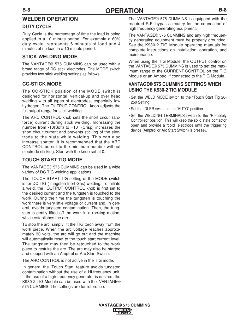 Operation, Welder operation | Lincoln Electric VANTAGE IM10044 User Manual | Page 26 / 53