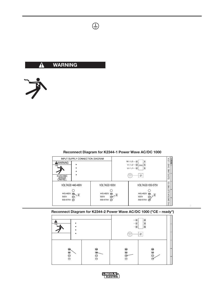 Installation, Warning, Input and ground connections | A-3 input fuse and supply wire considerations, Input voltage selection, Input connection, Power wave® ac/dc 1000 | Lincoln Electric POWER WAVE 11124 User Manual | Page 13 / 74