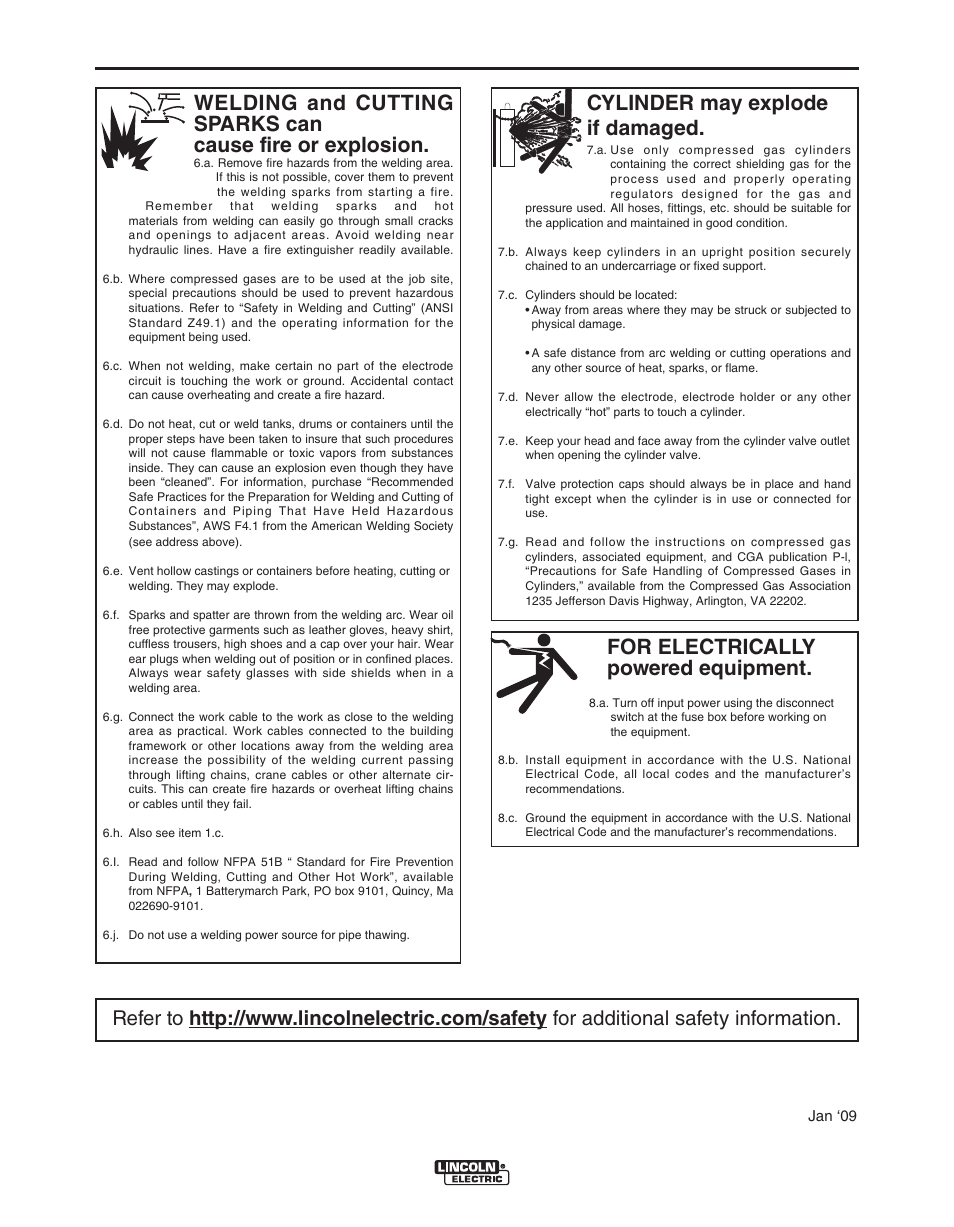 Safety, For electrically powered equipment, Cylinder may explode if damaged | Lincoln Electric POWER WAVE 11124 User Manual | Page 4 / 74