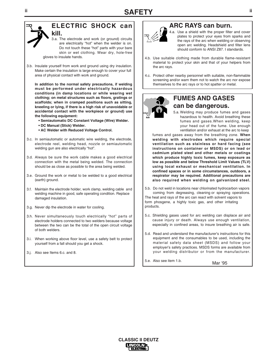 Safety, Arc rays can burn, Electric shock can kill | Fumes and gases can be dangerous | Lincoln Electric CLASSIC IM553-C User Manual | Page 3 / 28