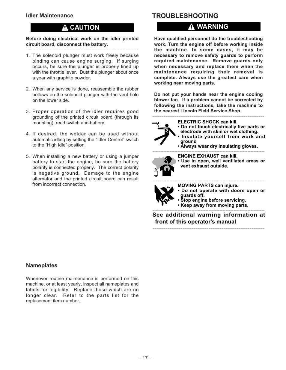 Troubleshooting, Caution warning | Lincoln Electric PERKINS 350-SA User Manual | Page 18 / 27