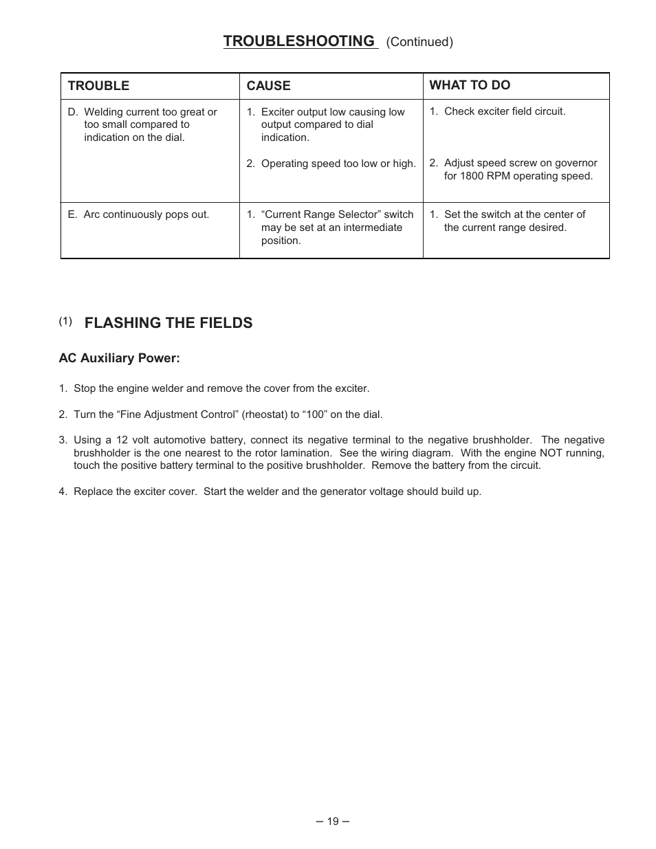 Troubleshooting, Flashing the fields | Lincoln Electric PERKINS 350-SA User Manual | Page 20 / 27