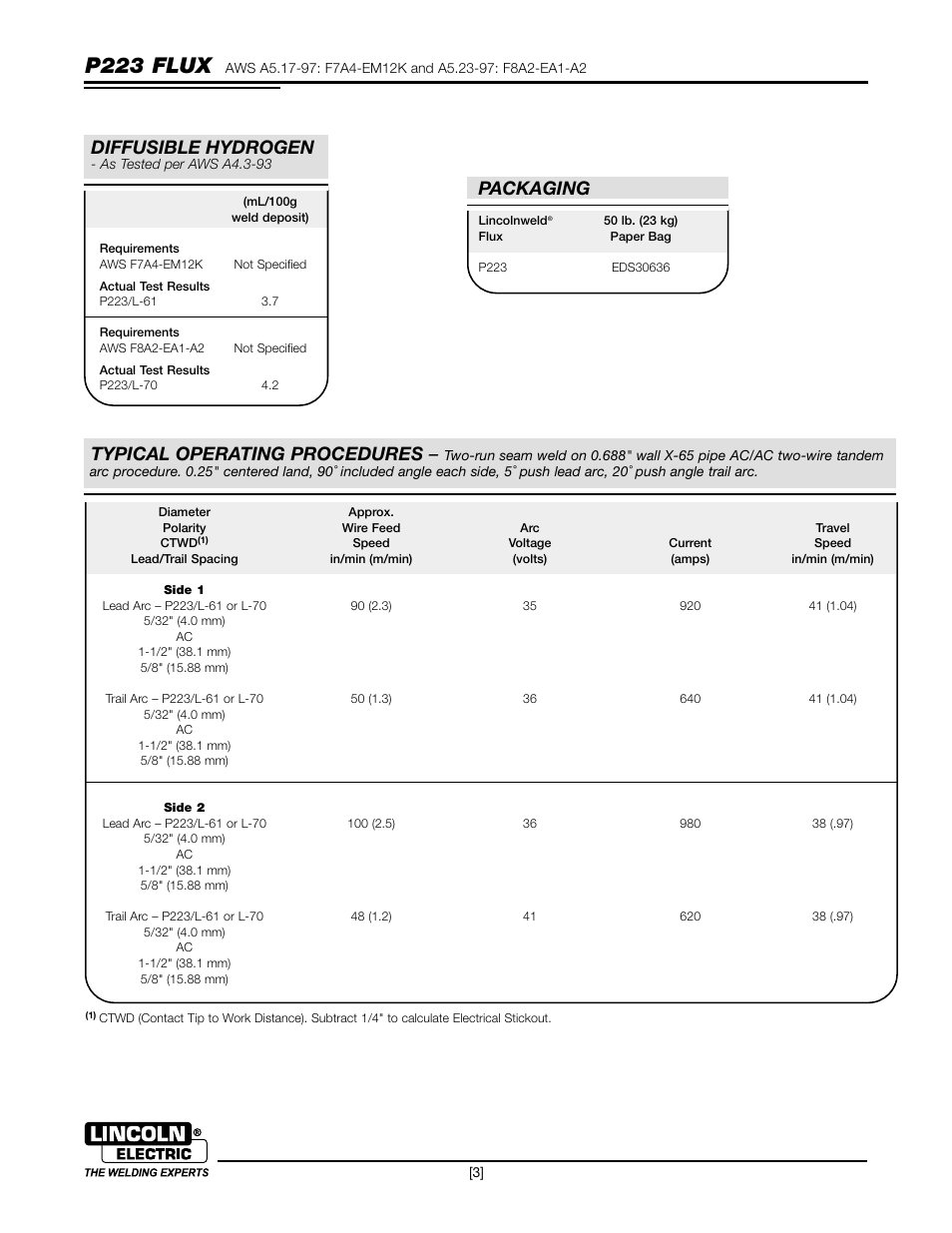 P223 flux, Diffusible hydrogen, Packaging | Typical operating procedures | Lincoln Electric P223 FLUX User Manual | Page 3 / 4