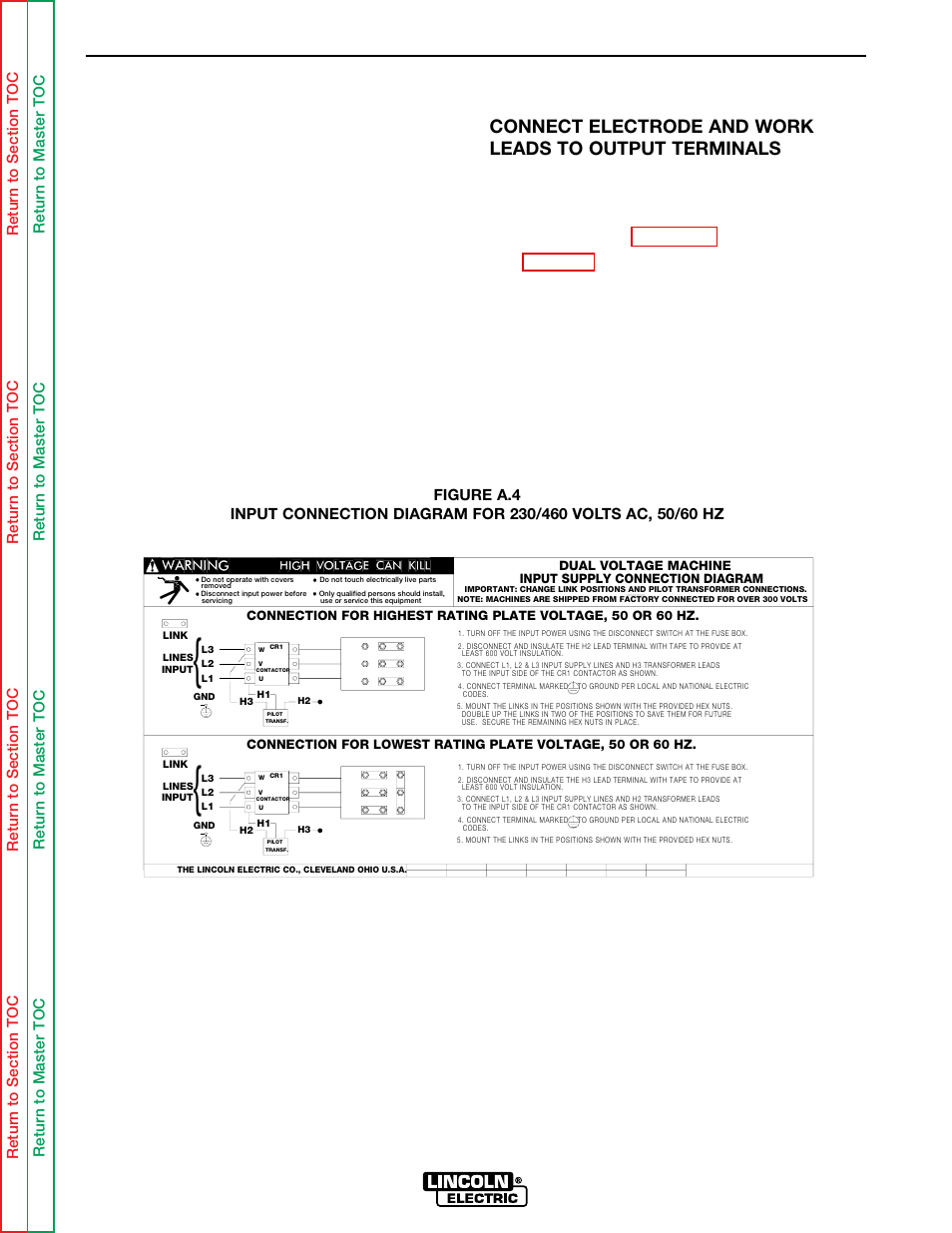 Reconnect procedure, Installation, Output connections | Lincoln Electric IDEALARC SVM136-A User Manual | Page 12 / 102